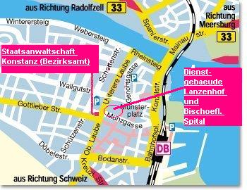 Stadtplan Konstanz Innenstadt mit Gebäuden der Staatsanwaltschaft